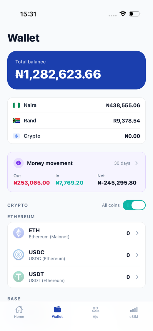 The Oremi app showing balances and recent activity